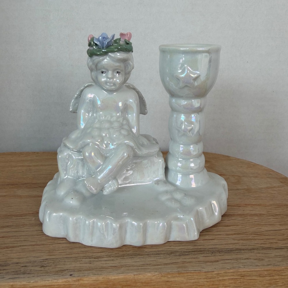 Vintage Sophia-Ann Angel Candle Holder Pearl Lusterware Cherub Figurine Sitco